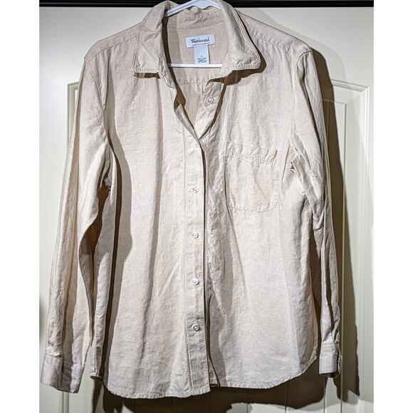 Westbound Ecru Eyelet Trim Button Up 100% Linen Long Sleeve Shirt Womens Sz L - Picture 1 of 10